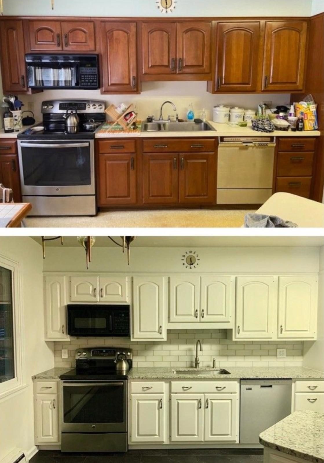 Brown to white kitchen · before & after — FirstClass Services project