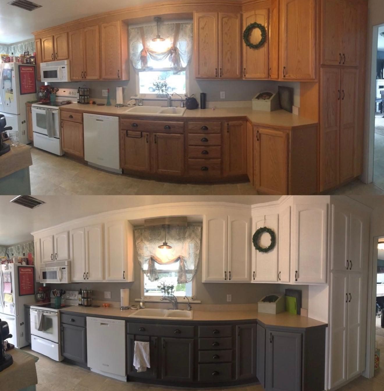 Oak to white & gray cabinets · before & after — FirstClass Services project