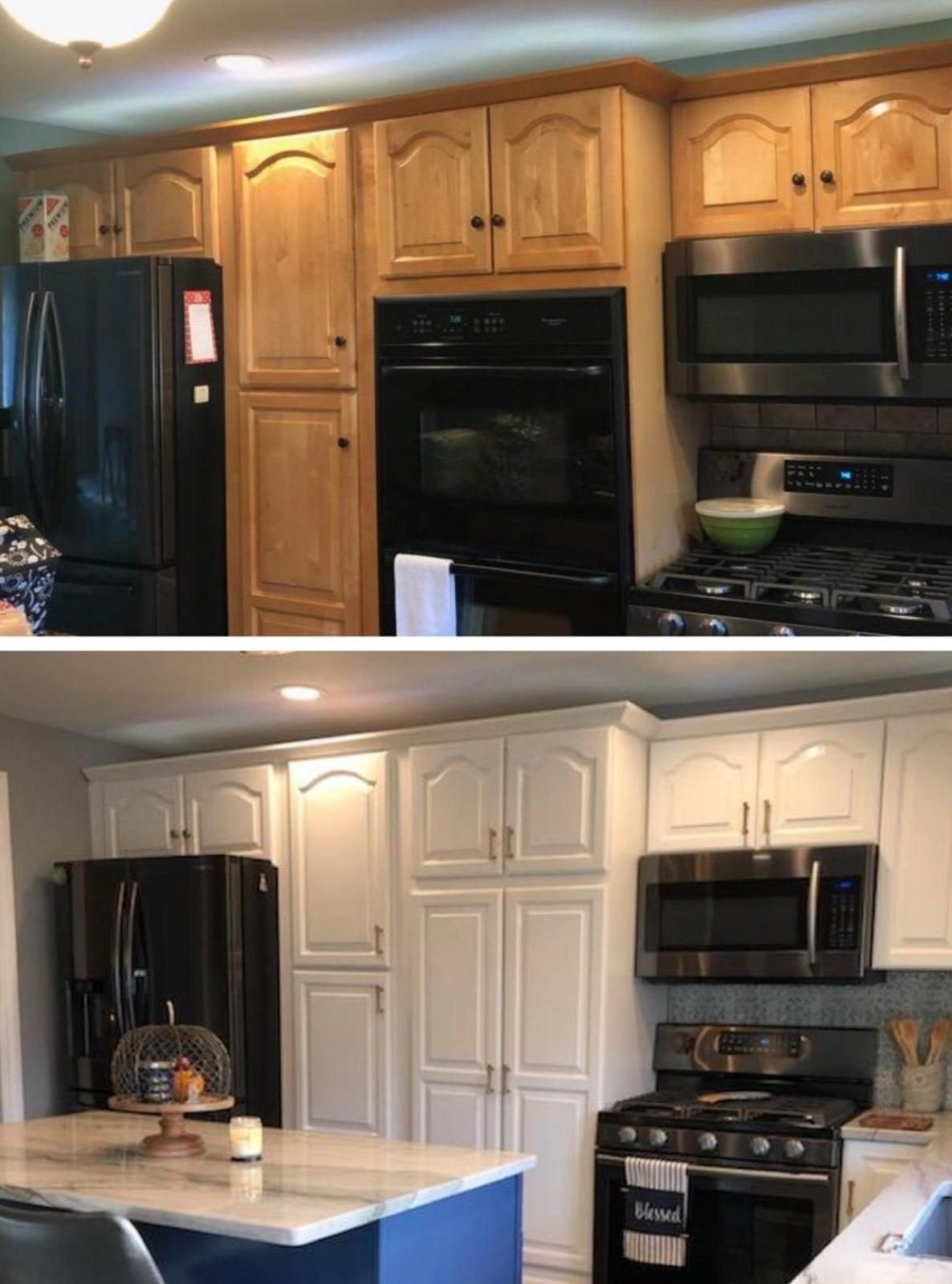 Oak cabinets repainted white, before and after