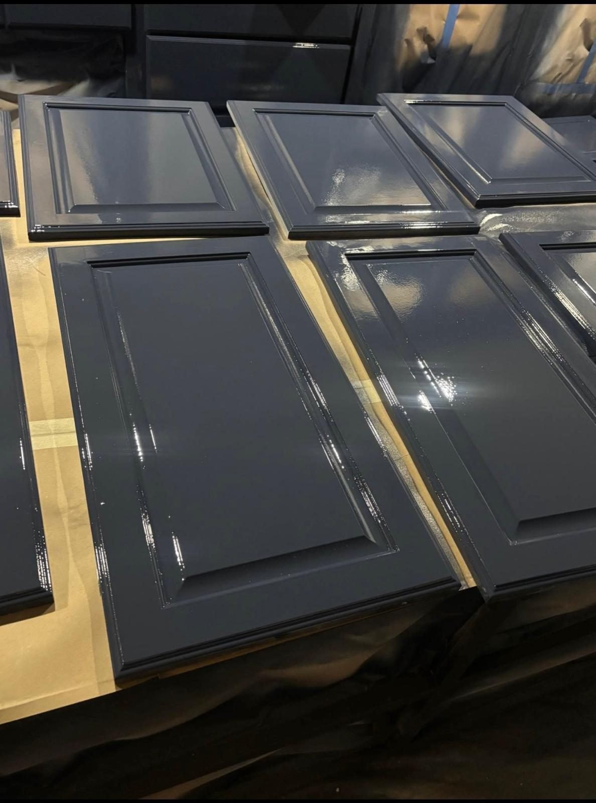 Navy blue cabinet doors freshly painted